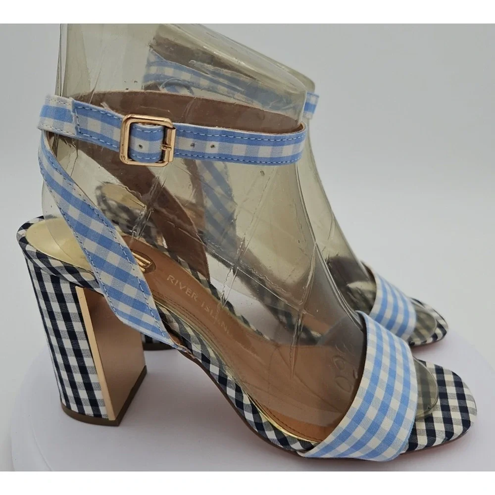River Island‎ Lt & Dk Blue Gingham Strappy Sandal 4 inch Heels Womens Sz 7 *EUC*